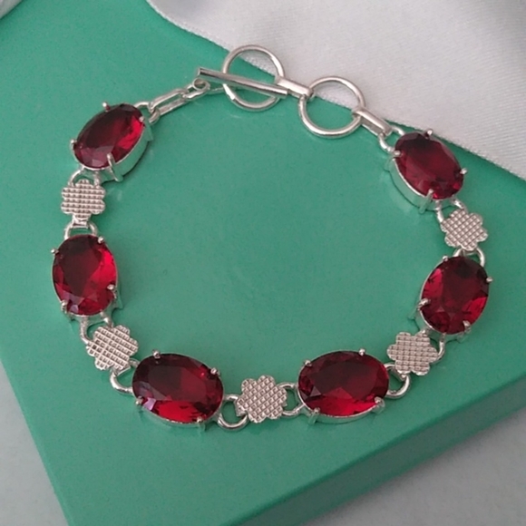 Red Garnet + Sterling Silver Chain Toggle Bracelet, up to 8" - Picture 3 of 7